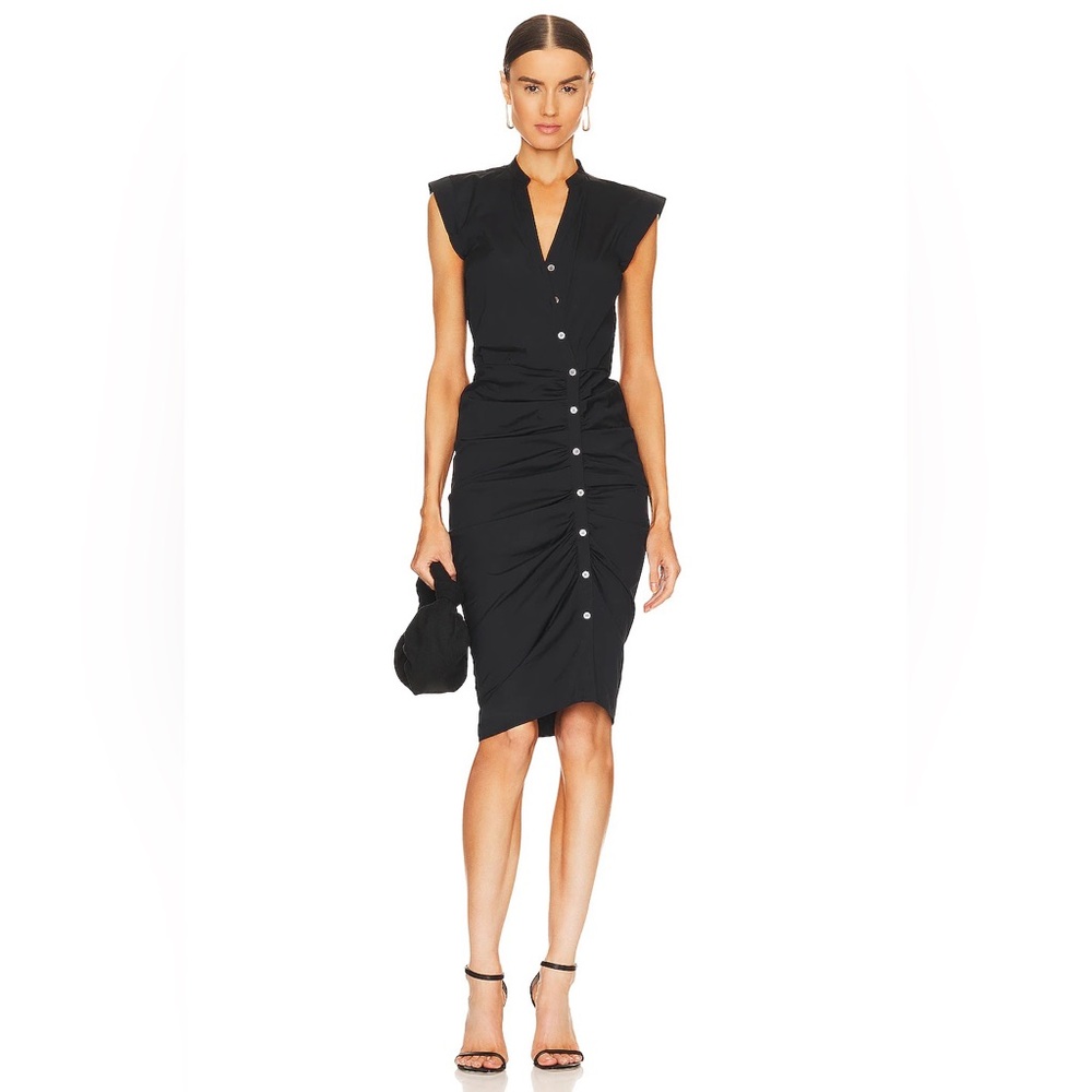 Veronica Beard Ruched Shirt Dress Black Midi Short Sleeve